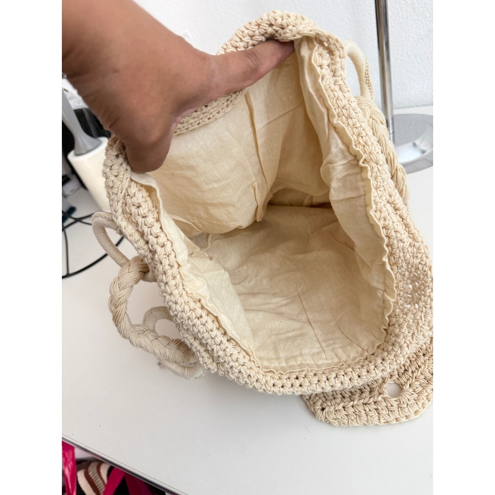 Boho Beige Crochet Shoulder Bag Braided Rope Strap Summer Beach Tote Neutral - Picture 4 of 5